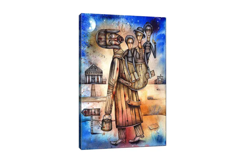 Lærred 70x100 cm - Mand med en kvinde og et barn på ryggen, omgivet af et landskab med huse og et skilt, Blå / Brun / Beige