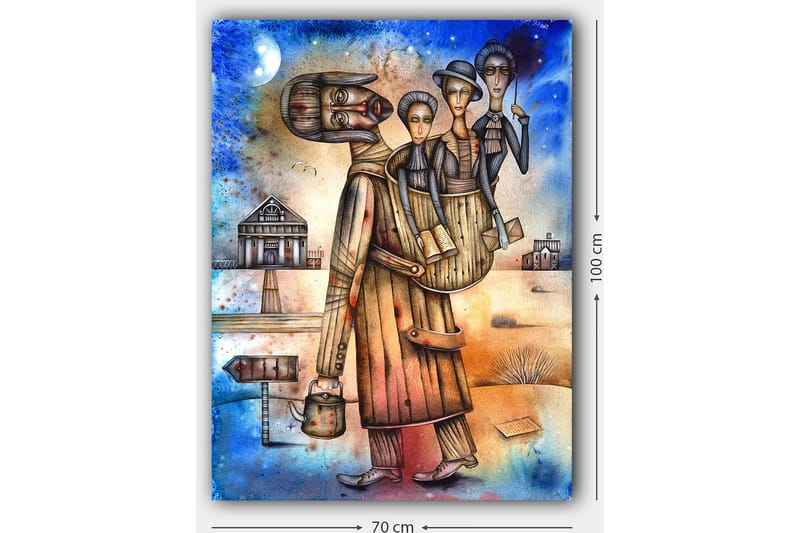 Lærred 70x100 cm - Mand med en kvinde og et barn på ryggen, omgivet af et landskab med huse og et skilt - Blå / Brun / Beige - Boligtilbehør - Billeder & kunst - Billeder på lærred