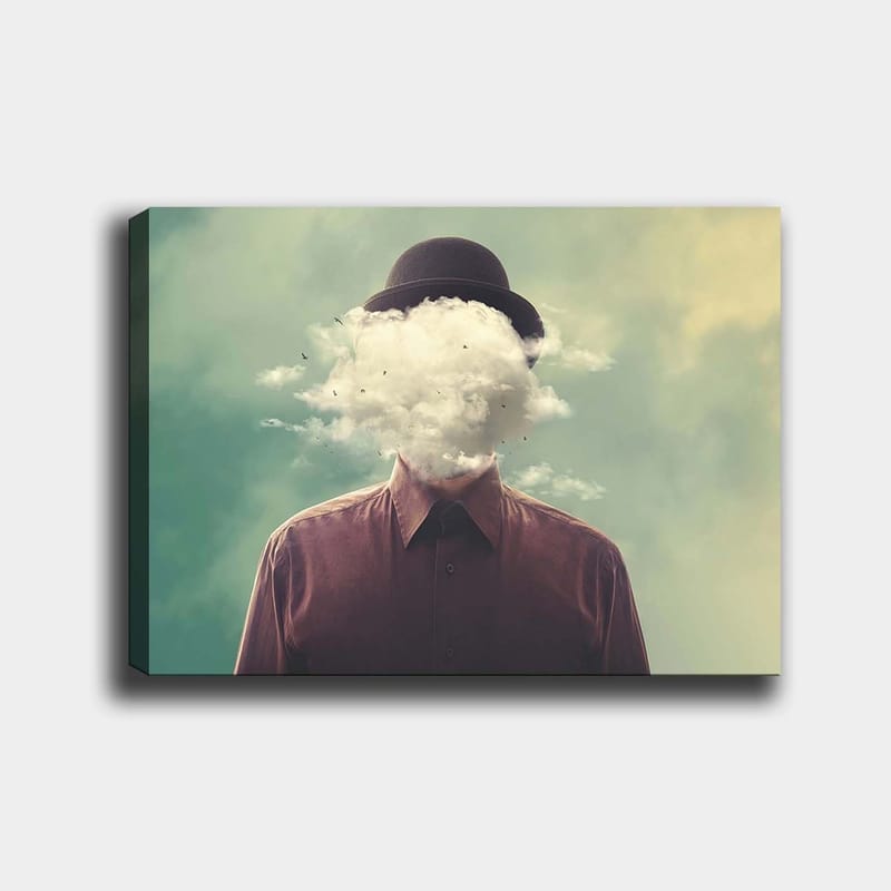 Lærred 70x100 cm - Mand med hat, hvis ansigt er skjult af en skyformation, Mørkebrun / Lysegrå / Grøn