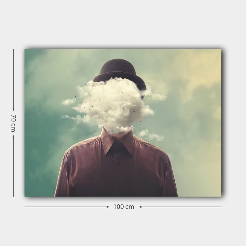 Lærred 70x100 cm - Mand med hat, hvis ansigt er skjult af en skyformation - Mørkebrun / Lysegrå / Grøn - Boligtilbehør - Billeder & kunst - Billeder på lærred