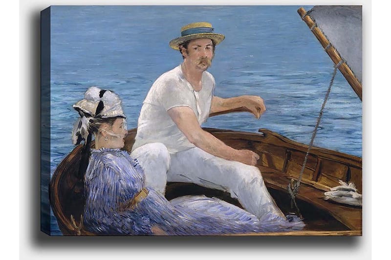 Lærred 70x100 cm - Mand og kvinde siddende i en båd på vandet, omgivet af en rolig og harmonisk atmosfære - Blå / Hvid / Brun - Boligtilbehør - Billeder & kunst - Billeder på lærred