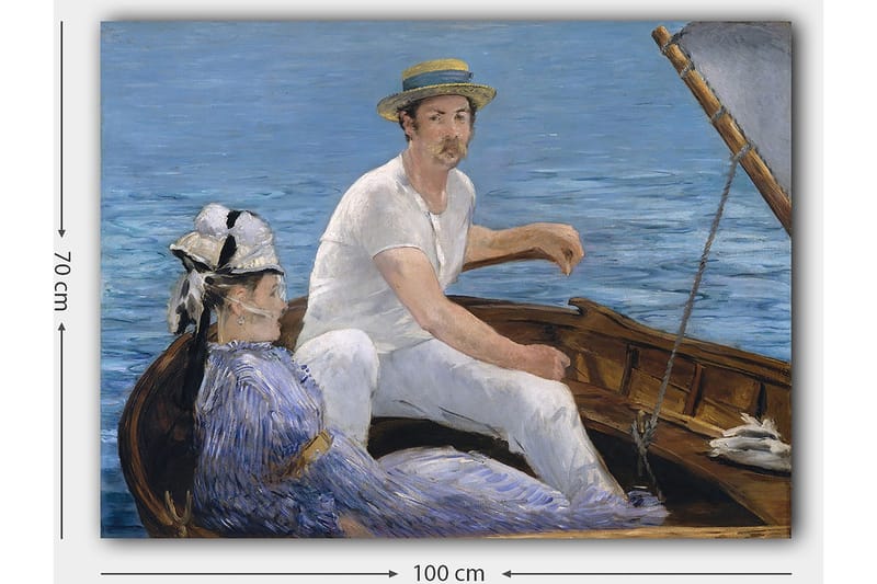 Lærred 70x100 cm - Mand og kvinde siddende i en båd på vandet, omgivet af en rolig og harmonisk atmosfære - Blå / Hvid / Brun - Boligtilbehør - Billeder & kunst - Billeder på lærred