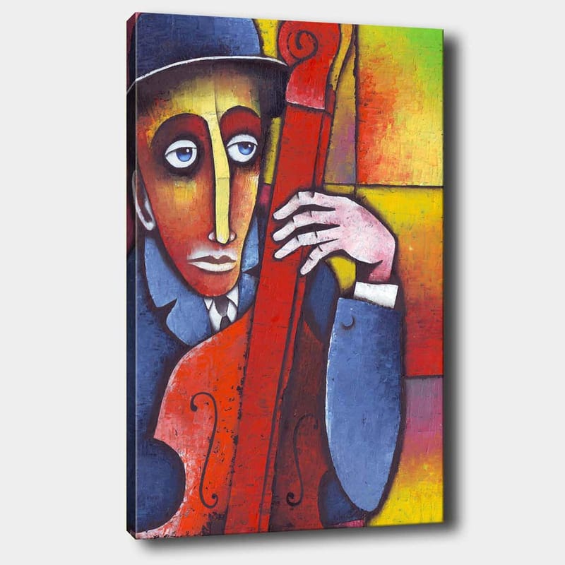 Lærred 70x100 cm - Mand spiller et rødligt instrument med et melankolsk udtryk, Rød / Blå / Gul