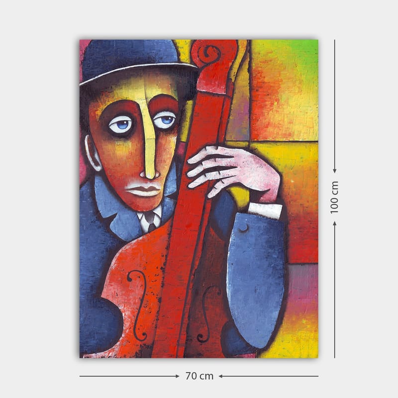 Lærred 70x100 cm - Mand spiller et rødligt instrument med et melankolsk udtryk - Rød / Blå / Gul - Boligtilbehør - Billeder & kunst - Billeder på lærred