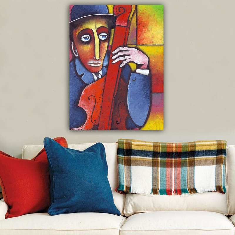 Lærred 70x100 cm - Mand spiller et rødligt instrument med et melankolsk udtryk - Rød / Blå / Gul - Boligtilbehør - Billeder & kunst - Billeder på lærred