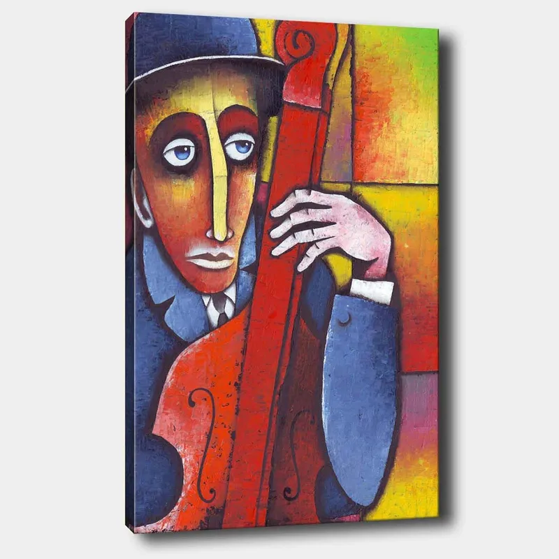 Lærred 70x100 cm - Mand spiller et rødligt instrument med et melankolsk udtryk, Rød / Blå / Gul