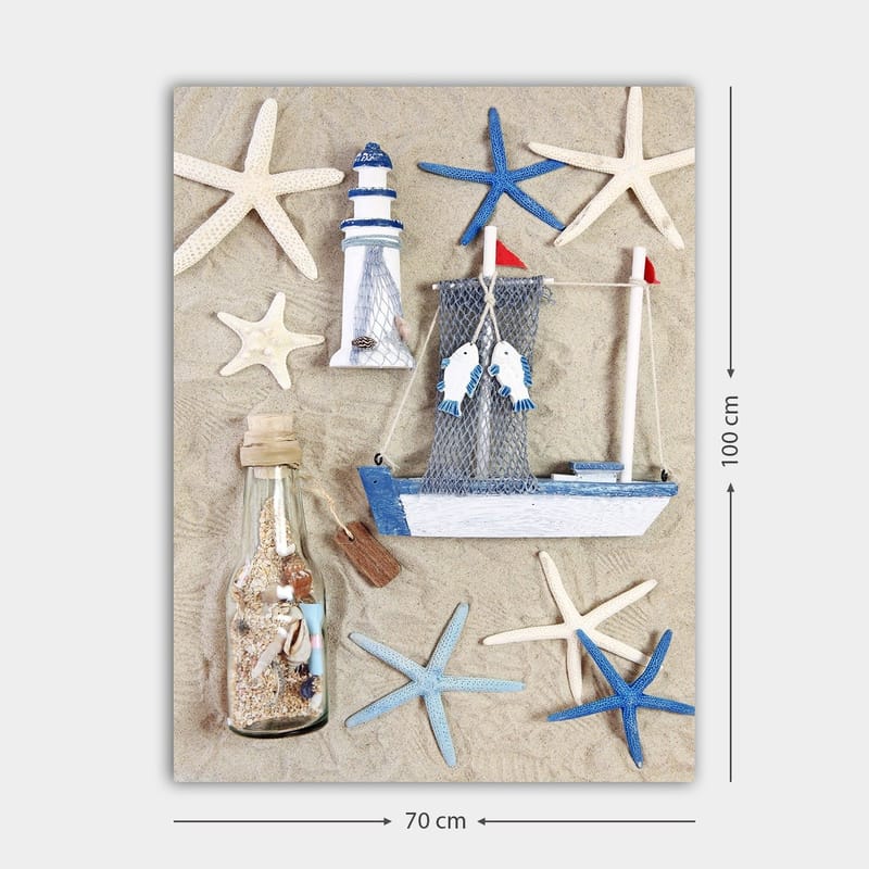 Lærred 70x100 cm - Maritim komposition med en båd, et fyrtårn og en søstjerne - Blå / Hvid / Beige - Boligtilbehør - Billeder & kunst - Billeder på lærred