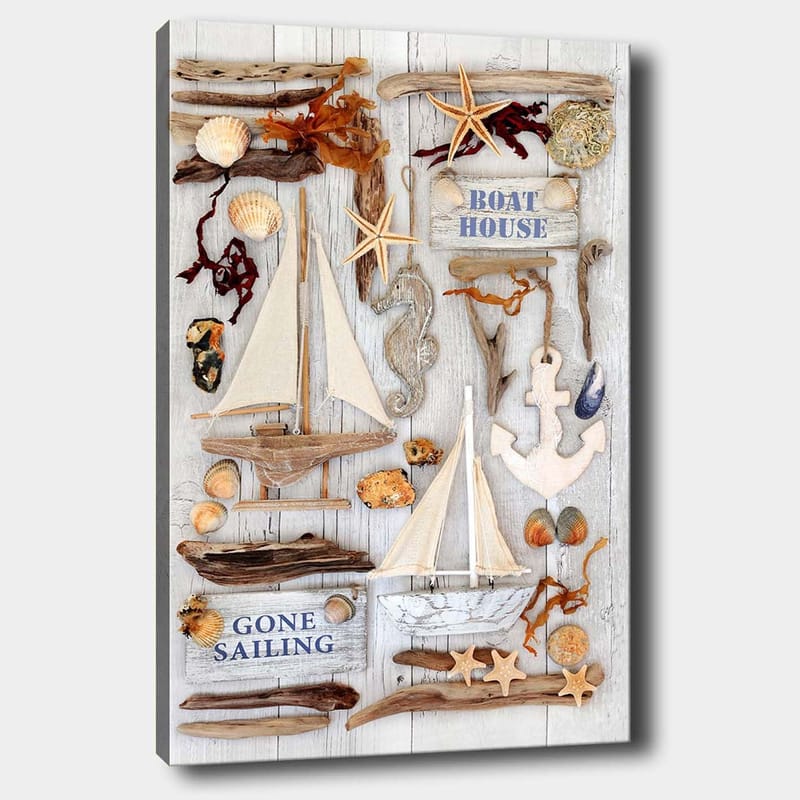 Lærred 70x100 cm - Maritim komposition med sejlbåde, skaller og søstjerner, der skaber en sommerlig atmosfære, Beige / Brun / Blå