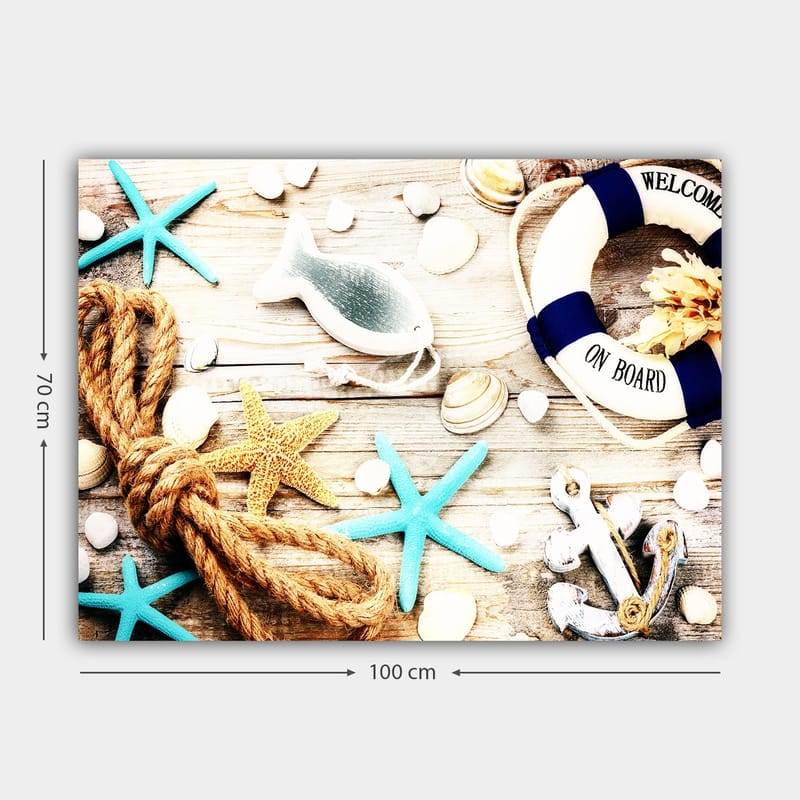 Lærred 70x100 cm - Maritim ro med søstjerner, skaller og en redningskrans, der skaber en sommerlig følelse - Turkis / Beige / Gul - Boligtilbehør - Billeder & kunst - Billeder på lærred
