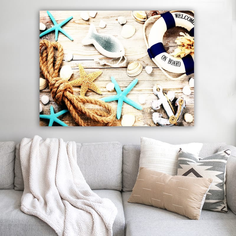 Lærred 70x100 cm - Maritim ro med søstjerner, skaller og en redningskrans, der skaber en sommerlig følelse - Turkis / Beige / Gul - Boligtilbehør - Billeder & kunst - Billeder på lærred