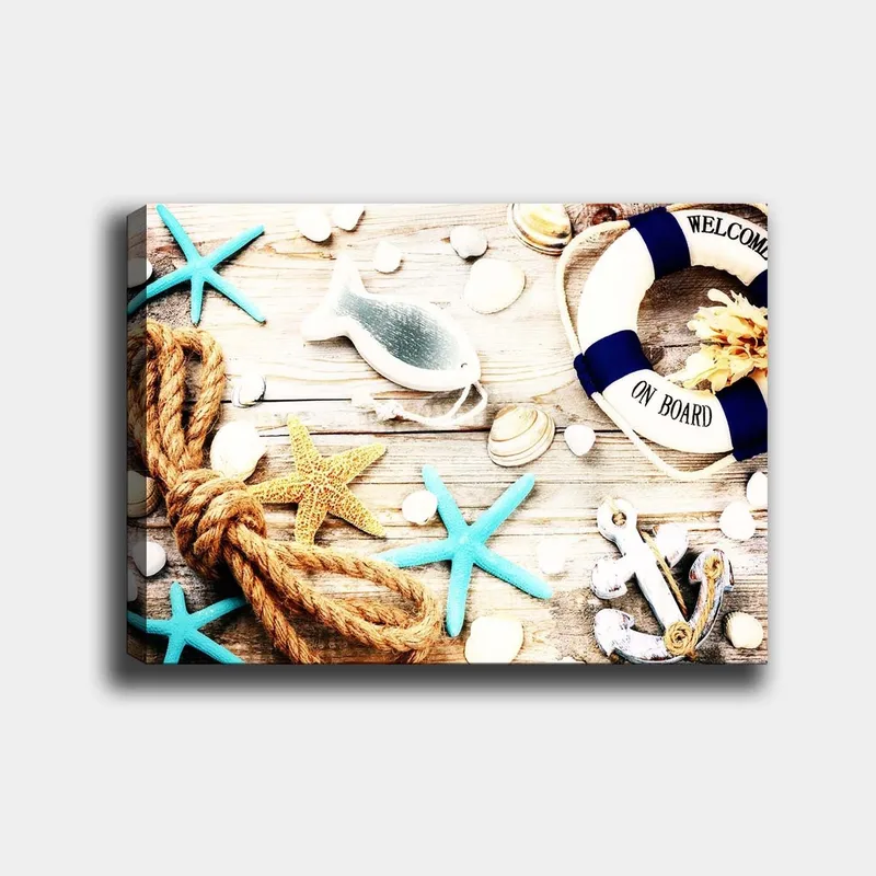 Lærred 70x100 cm - Maritim ro med søstjerner, skaller og en redningskrans, der skaber en sommerlig følelse, Turkis / Beige / Gul