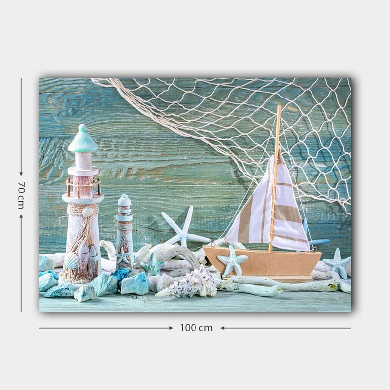 Lærred 70x100 cm - Maritim scene med sejlbåd, fyrtårn og søstjerne i strandomgivelser - Blå / Hvid / Beige - Boligtilbehør - Billeder & kunst - Billeder på lærred