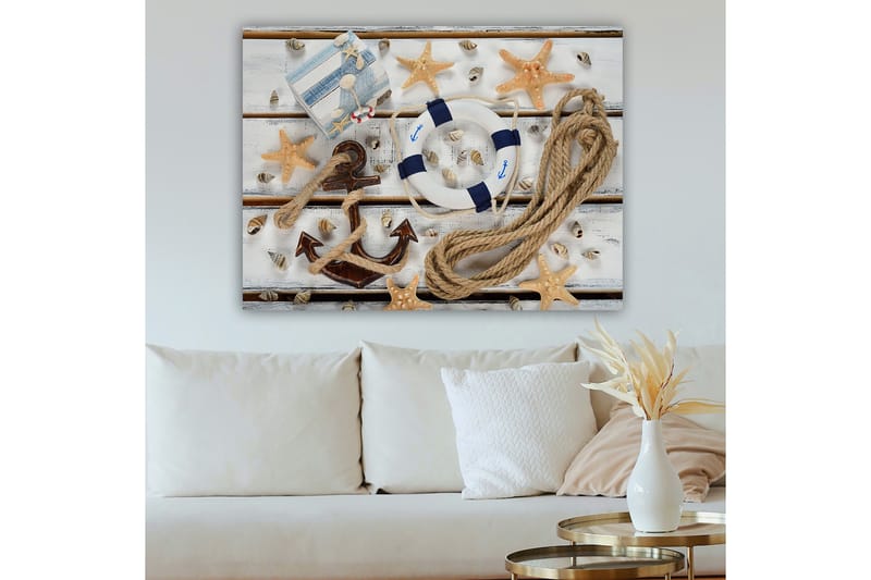 Lærred 70x100 cm - Maritimt stilleben med muslingeskaller, stjerneformet søstjerne og en redningskrans, Beige / Blå / Brun