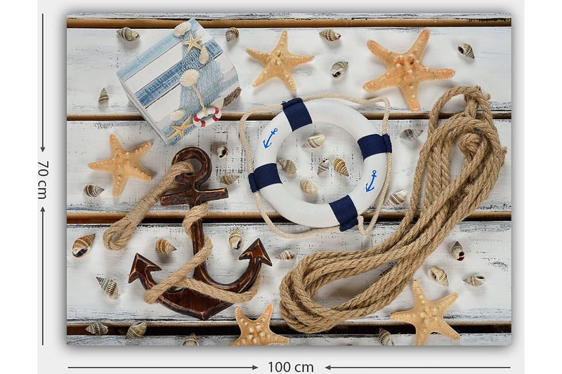 Lærred 70x100 cm - Maritimt stilleben med muslingeskaller, stjerneformet søstjerne og en redningskrans - Beige / Blå / Brun - Boligtilbehør - Billeder & kunst - Billeder på lærred