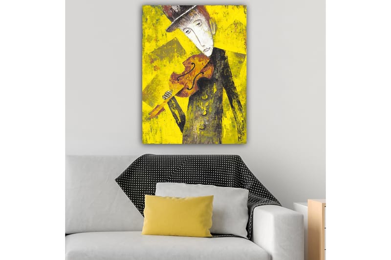 Lærred 70x100 cm - Melankolsk musiker holder en violin mod en lys gul baggrund - Gul / Sort / Brun - Boligtilbehør - Billeder & kunst - Billeder på lærred