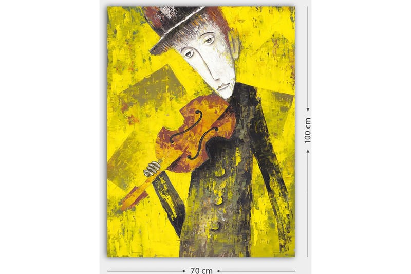 Lærred 70x100 cm - Melankolsk musiker holder en violin mod en lys gul baggrund - Gul / Sort / Brun - Boligtilbehør - Billeder & kunst - Billeder på lærred