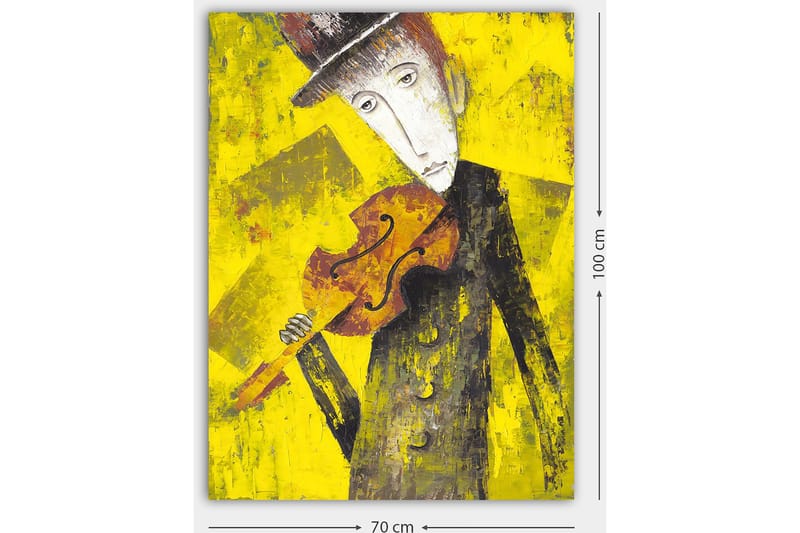 Lærred 70x100 cm - Melankolsk musiker holder en violin mod en lys gul baggrund - Gul / Sort / Brun - Boligtilbehør - Billeder & kunst - Billeder på lærred