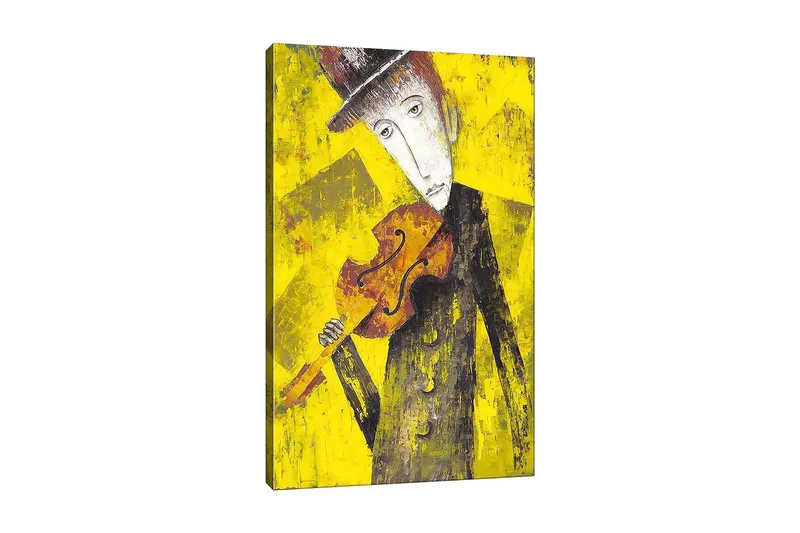 Lærred 70x100 cm - Melankolsk musiker holder en violin mod en lys gul baggrund, Gul / Sort / Brun