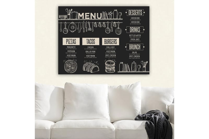 Lærred 70x100 cm - Menu med forskellige retter og drikkevarer illustreret i et stilfuldt design - Sort / Beige - Boligtilbehør - Billeder & kunst - Billeder på lærred