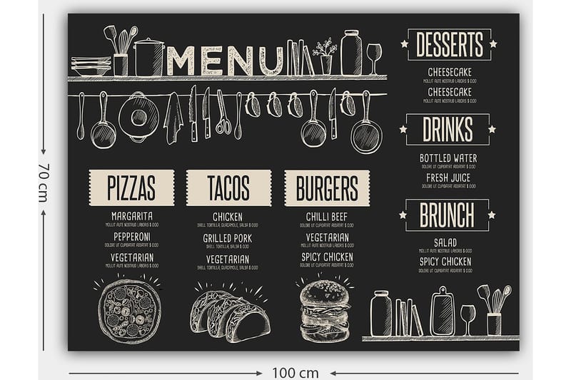 Lærred 70x100 cm - Menu med forskellige retter og drikkevarer illustreret i et stilfuldt design - Sort / Beige - Boligtilbehør - Billeder & kunst - Billeder på lærred