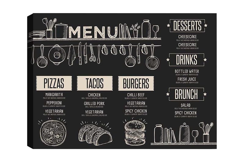 Lærred 70x100 cm - Menu med forskellige retter og drikkevarer illustreret i et stilfuldt design, Sort / Beige