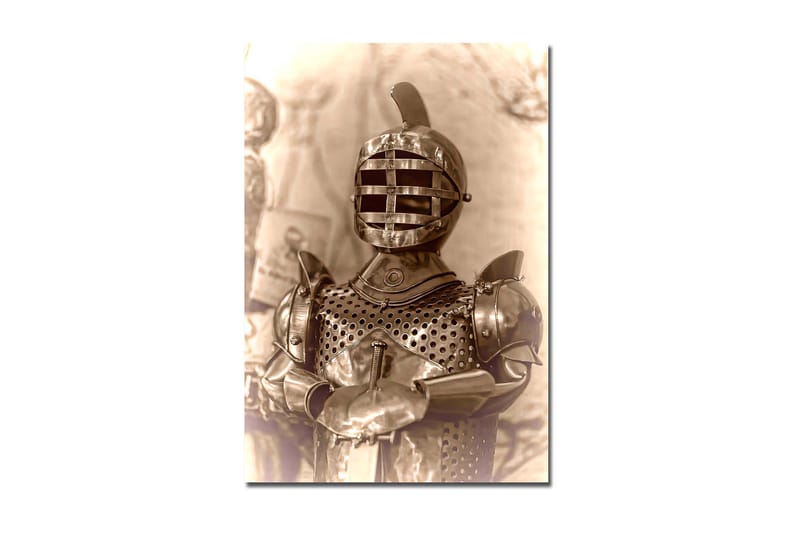 Lærred 70x100 cm - Middelalderridder i rustning med karakteristisk hjelmdesign, Sølv / Grå / Brun