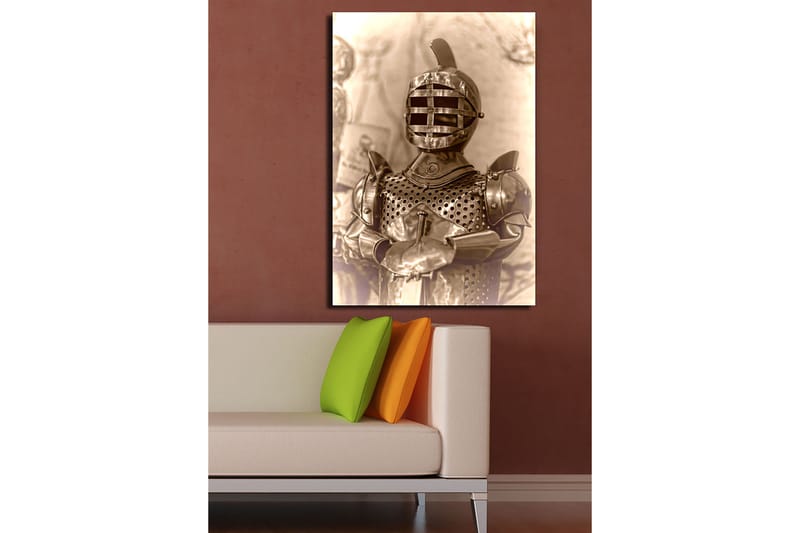 Lærred 70x100 cm - Middelalderridder i rustning med karakteristisk hjelmdesign - Sølv / Grå / Brun - Boligtilbehør - Billeder & kunst - Billeder på lærred
