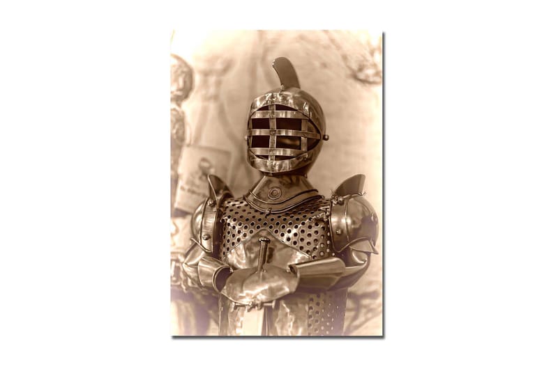 Lærred 70x100 cm - Middelalderridder i rustning med karakteristisk hjelmdesign, Sølv / Grå / Brun