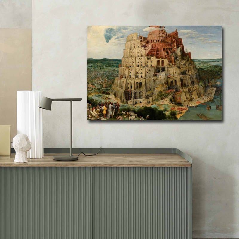 Lærred 70x100 cm - Monumental bygning, der repræsenterer Babelstårnet, omgivet af landskab og mennesker - Rød / Beige / Grøn - Boligtilbehør - Billeder & kunst - Billeder på lærred