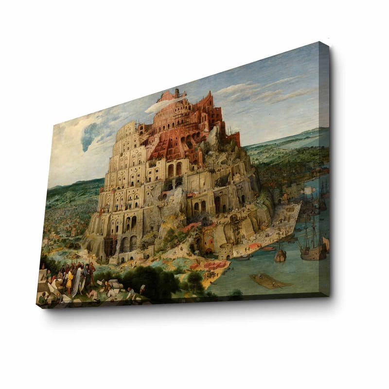 Lærred 70x100 cm - Monumental bygning, der repræsenterer Babelstårnet, omgivet af landskab og mennesker - Rød / Beige / Grøn - Boligtilbehør - Billeder & kunst - Billeder på lærred