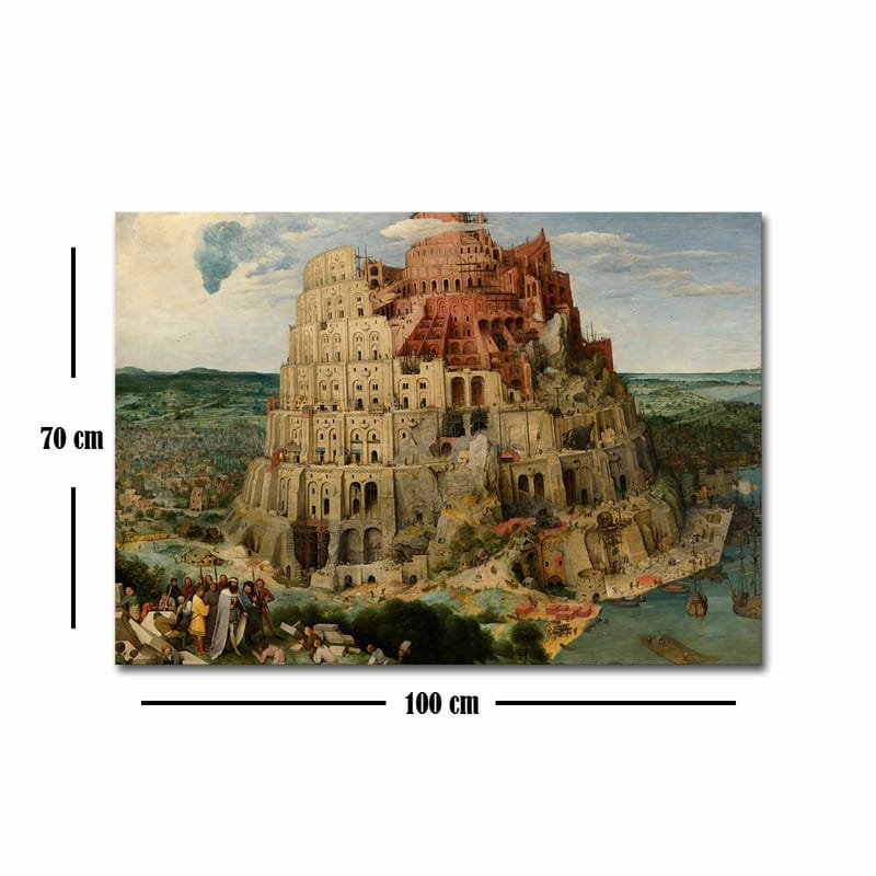 Lærred 70x100 cm - Monumental bygning, der repræsenterer Babelstårnet, omgivet af landskab og mennesker - Rød / Beige / Grøn - Boligtilbehør - Billeder & kunst - Billeder på lærred