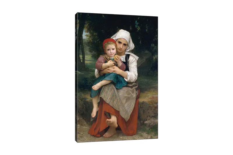 Lærred 70x100 cm - Mor holder sit barn i sine arme med en følelse af ømhed og nærhed, Rød / Grøn / Hvid