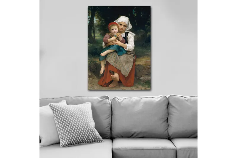 Lærred 70x100 cm - Mor holder sit barn i sine arme med en følelse af ømhed og nærhed - Rød / Grøn / Hvid - Boligtilbehør - Billeder & kunst - Billeder på lærred