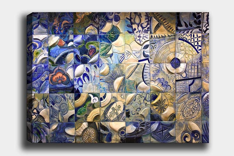Lærred 70x100 cm - Mosaik af abstrakte former og mønstre i blå og hvide nuancer, Blå / Hvid / Beige