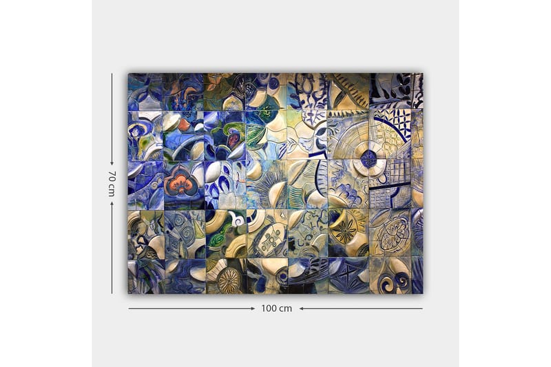 Lærred 70x100 cm - Mosaik af abstrakte former og mønstre i blå og hvide nuancer - Blå / Hvid / Beige - Boligtilbehør - Billeder & kunst - Billeder på lærred