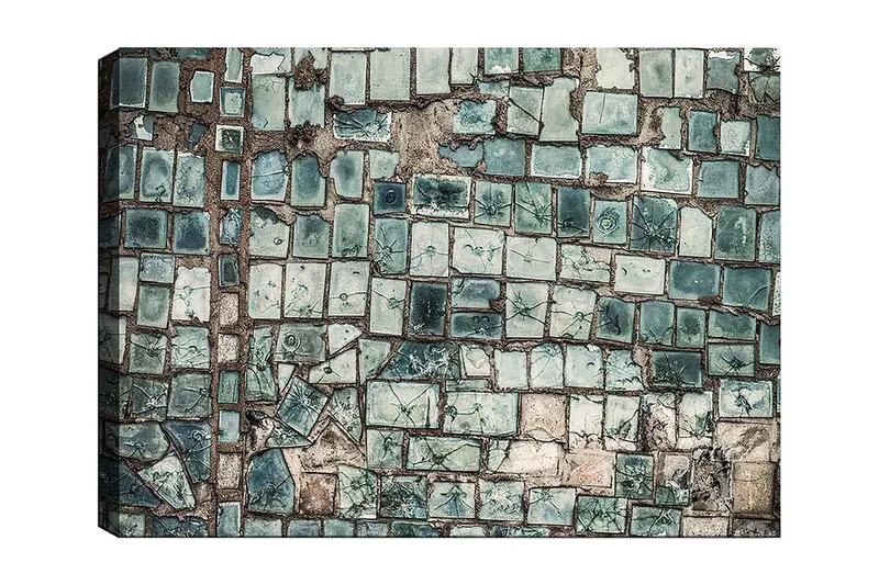 Lærred 70x100 cm - Mosaik af varierende grønne og blå fliser med en tekstureret overflade, Mørkegrøn / Lysegrøn / Blå