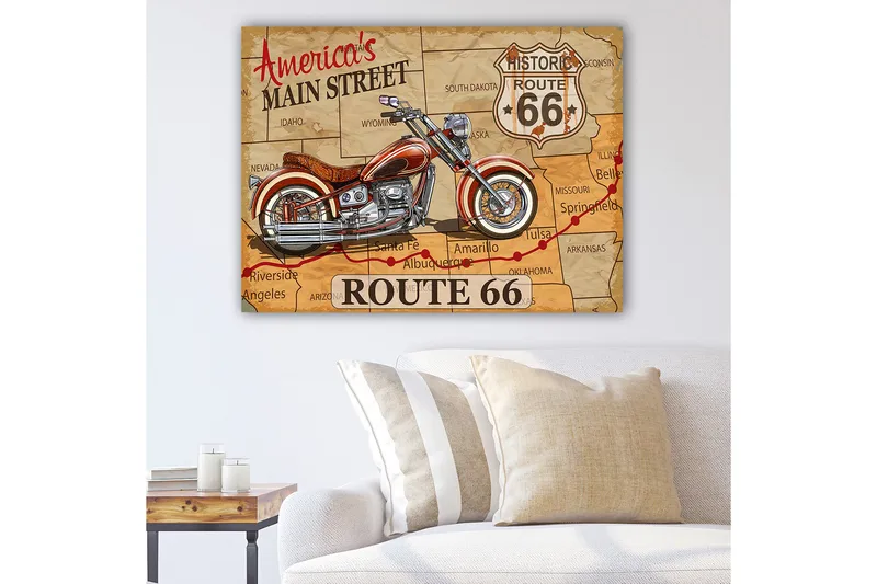Lærred 70x100 cm - Motorcykel på et kort over Route 66 med vintage-inspireret design, Rød / Brun / Grå