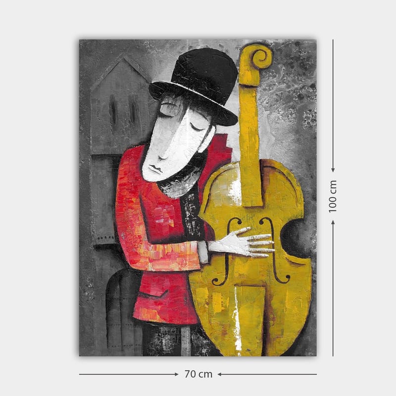 Lærred 70x100 cm - Musiker omfavner sin kontrabas i en stiliseret og farverig komposition - Rød / Gul / Sort - Boligtilbehør - Billeder & kunst - Billeder på lærred