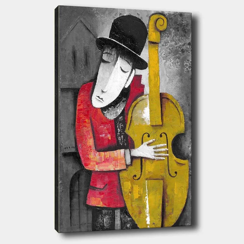 Lærred 70x100 cm - Musiker omfavner sin kontrabas i en stiliseret og farverig komposition, Rød / Gul / Sort