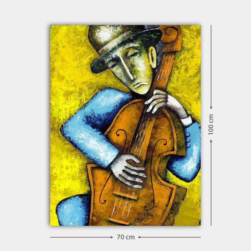 Lærred 70x100 cm - Musiker spiller kontrabas med et følelsesladet udtryk - Gul / Blå / Brun - Boligtilbehør - Billeder & kunst - Billeder på lærred
