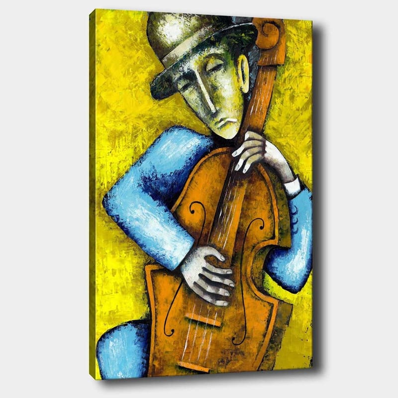 Lærred 70x100 cm - Musiker spiller kontrabas med et følelsesladet udtryk, Gul / Blå / Brun