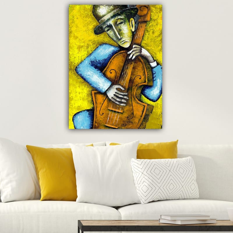 Lærred 70x100 cm - Musiker spiller kontrabas med et følelsesladet udtryk - Gul / Blå / Brun - Boligtilbehør - Billeder & kunst - Billeder på lærred