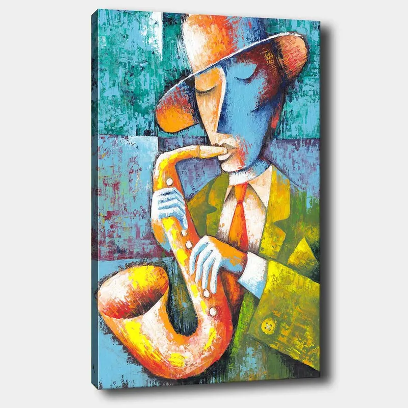 Lærred 70x100 cm - Musiker spiller saxofon med et farverigt og stiliseret udseende, Gul / Blå / Orange