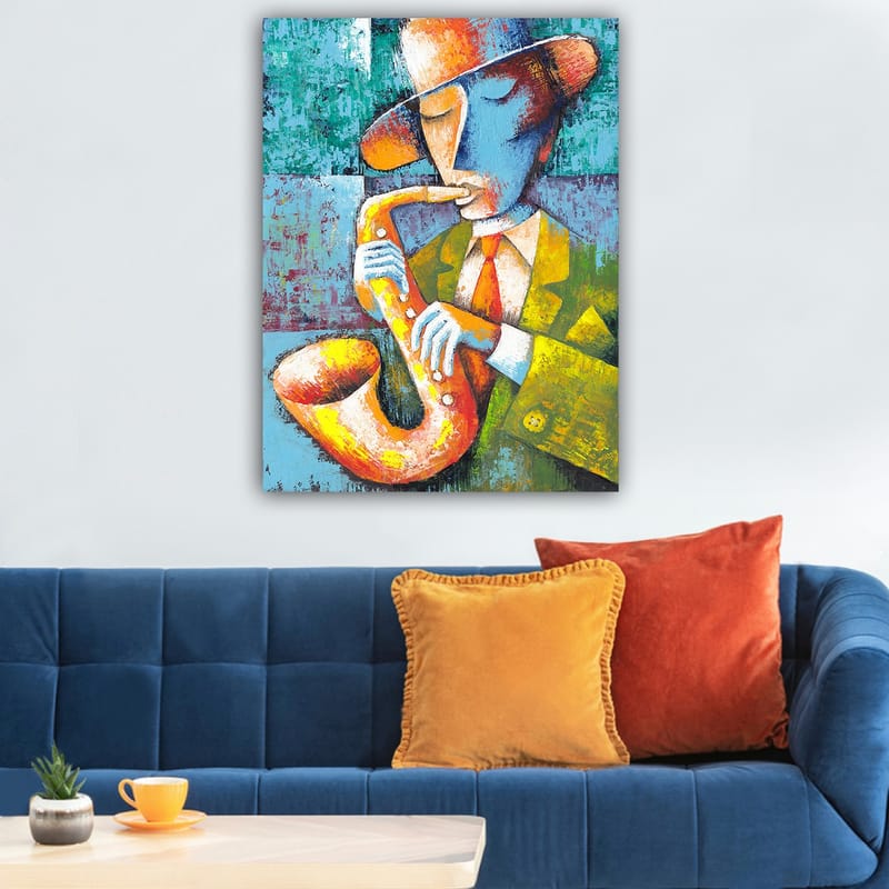 Lærred 70x100 cm - Musiker spiller saxofon med et farverigt og stiliseret udseende - Gul / Blå / Orange - Boligtilbehør - Billeder & kunst - Billeder på lærred