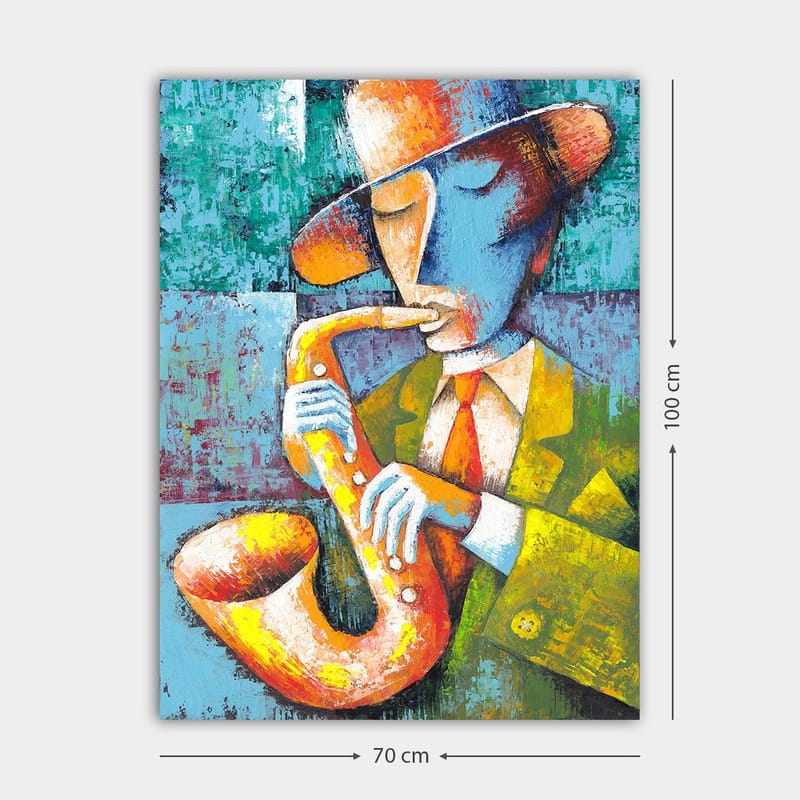 Lærred 70x100 cm - Musiker spiller saxofon med et farverigt og stiliseret udseende - Gul / Blå / Orange - Boligtilbehør - Billeder & kunst - Billeder på lærred