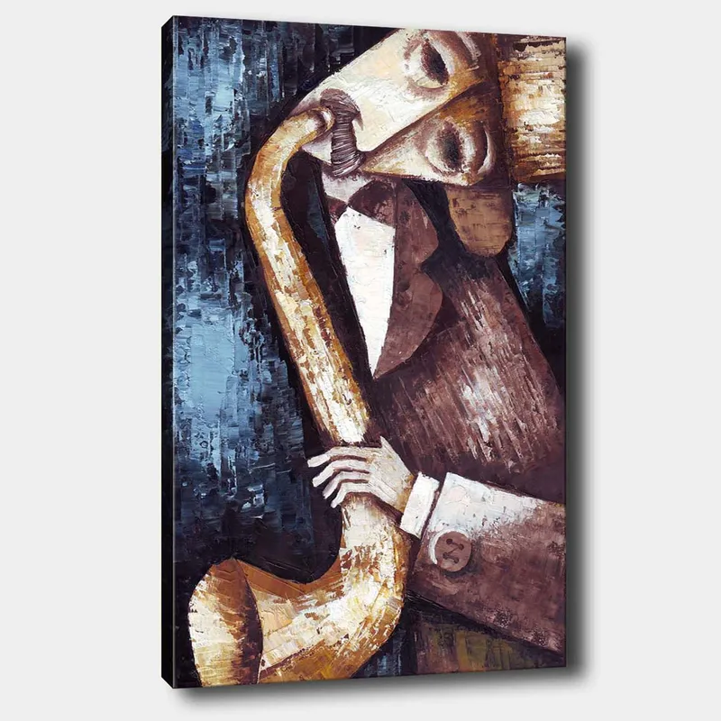 Lærred 70x100 cm - Musiker spiller saxofon med et stiliseret og udtryksfuldt udseende, Mørkeblå / Beige / Brun