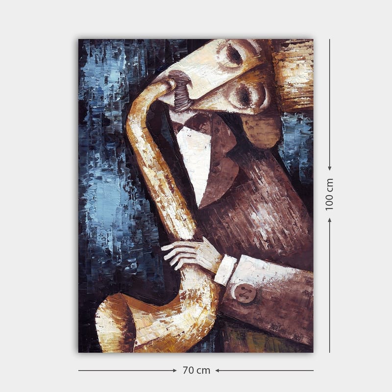 Lærred 70x100 cm - Musiker spiller saxofon med et stiliseret og udtryksfuldt udseende - Mørkeblå / Beige / Brun - Boligtilbehør - Billeder & kunst - Billeder på lærred