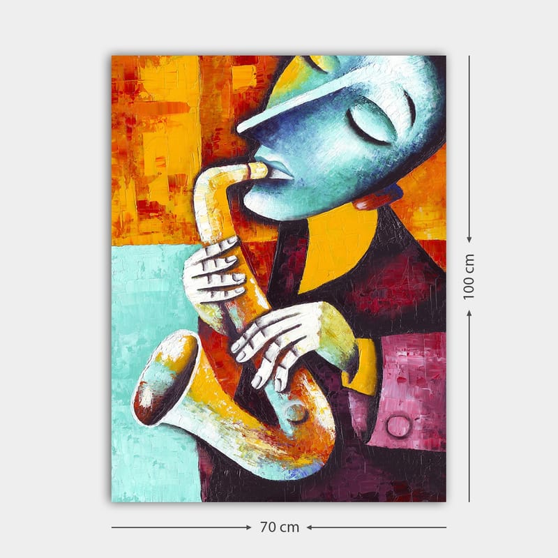 Lærred 70x100 cm - Musiker spiller saxofon med et udtryksfuldt ansigtsudtryk - Turkis / Orange / Sort - Boligtilbehør - Billeder & kunst - Billeder på lærred
