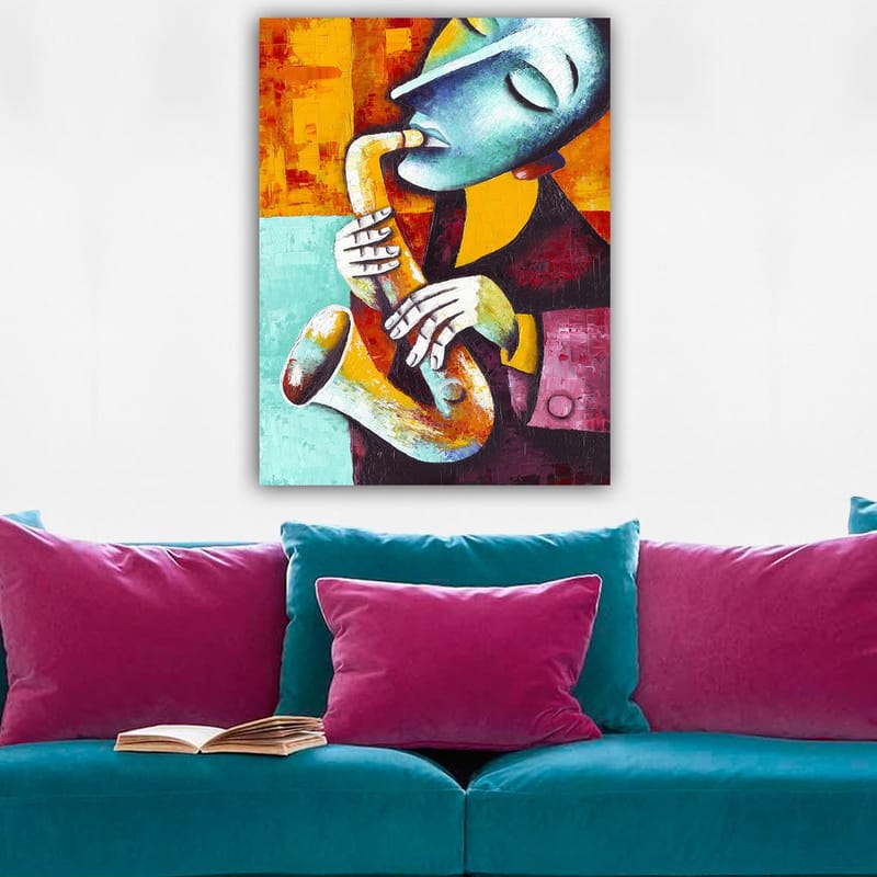 Lærred 70x100 cm - Musiker spiller saxofon med et udtryksfuldt ansigtsudtryk - Turkis / Orange / Sort - Boligtilbehør - Billeder & kunst - Billeder på lærred