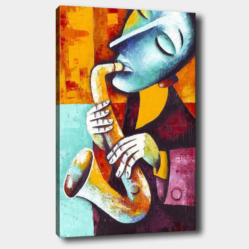 Lærred 70x100 cm - Musiker spiller saxofon med et udtryksfuldt ansigtsudtryk, Turkis / Orange / Sort
